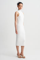Off White Sleeveless Mock-Neck Rib-Knit Dress-K264014038
