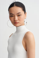 Off White Sleeveless Mock-Neck Rib-Knit Dress-K264014038