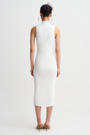 Off White Sleeveless Mock-Neck Rib-Knit Dress-K264014038