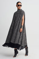 Black/White Fringe-Detail Cape Dress-K264014054