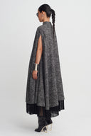 Black/White Fringe-Detail Cape Dress-K264014054