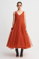 Flame V-Neck Layered Tulle Maxi Dress-K264014073