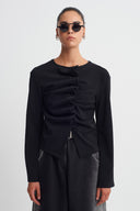 Black Ruched Button-Front Cardigan-K265015013