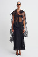 Black Asymmetric Organza Vest with Floral Appliqué-K265015017