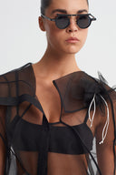 Black Asymmetric Organza Vest with Floral Appliqué-K265015017