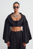 Black Pleated Shoulder Detail Cropped Jacket-K265015018