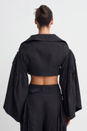 Black Pleated Shoulder Detail Cropped Jacket-K265015018