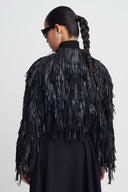 Black Fringed Leather Crop Jacket-K265015071