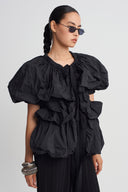 Black Balloon Sleeve Gathered Jacket-K265015074