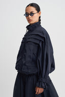 Night Blue Striped Detail High Neck Jacket-K265015085