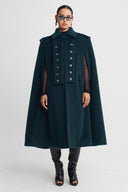 Petrol Blue Cape-Style Long Coat-K267017017