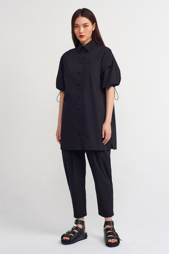 Black Shirt With Elastic Pleated Sleeves-Y231011124