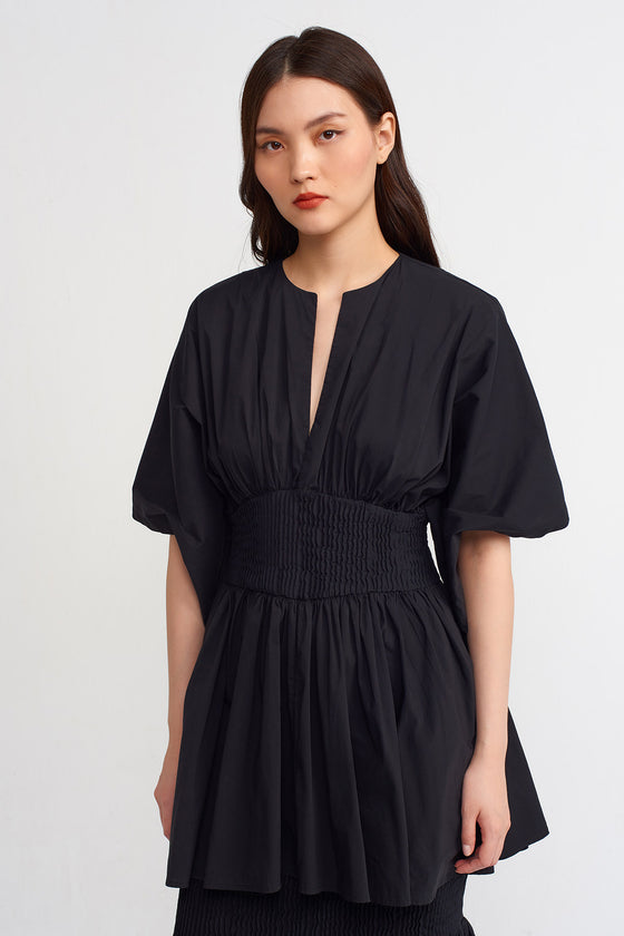 Black Elastic Quilted Detailed Frilled Long Poplin Blouse-Y231011125