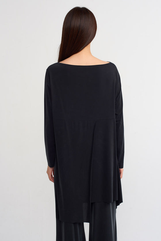 Black Long Sleeve Asymmetrical Cut Blouse-Y231011128