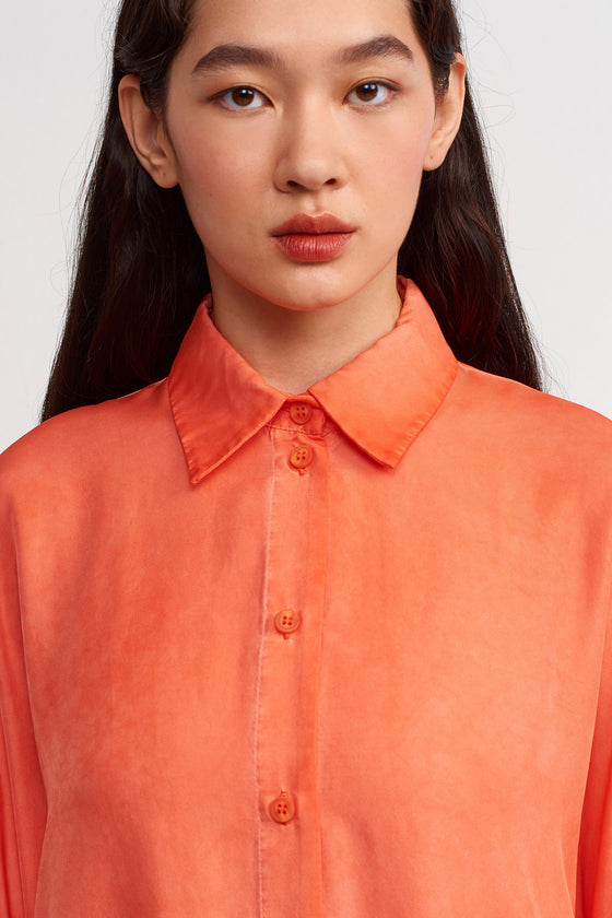 Orange Wide Sleeve Loose Silk Shirt-Y231011130