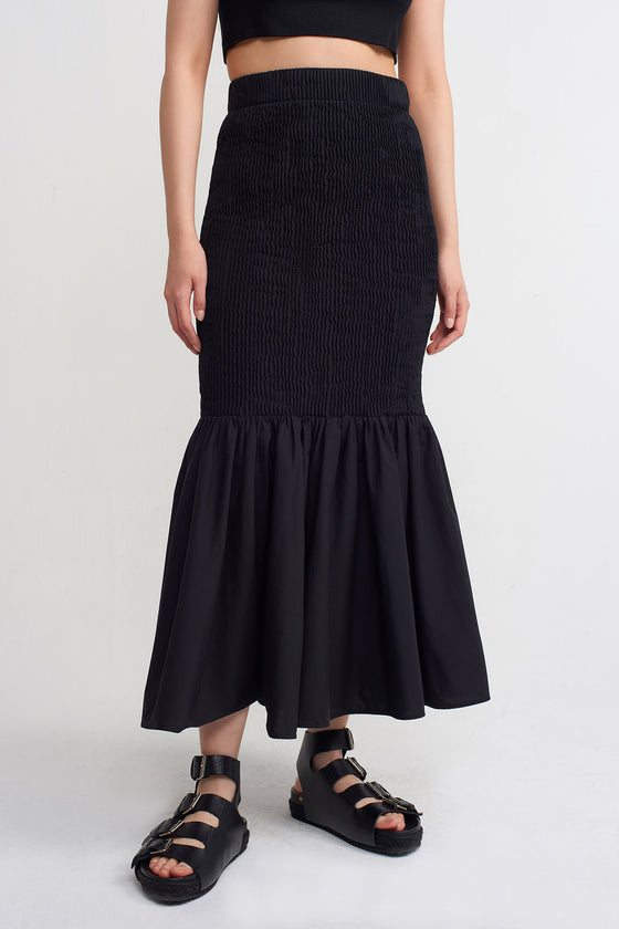 Black Rubber Quilted Long Poplin Skirt With Ruffles-Y232012029