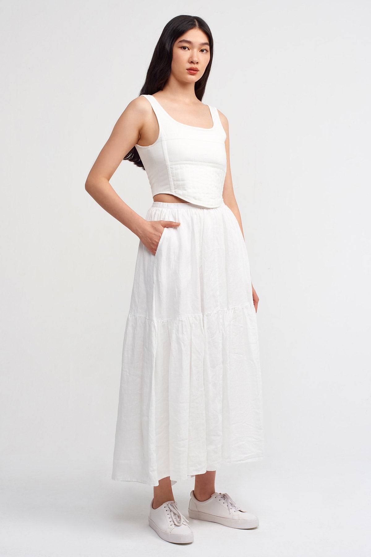Off White Midi Linen Skirt-Y232012031