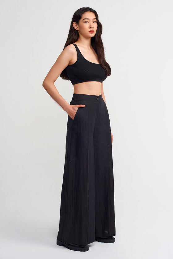Black Linen And Satin Combination Loose Trousers-Y233013093