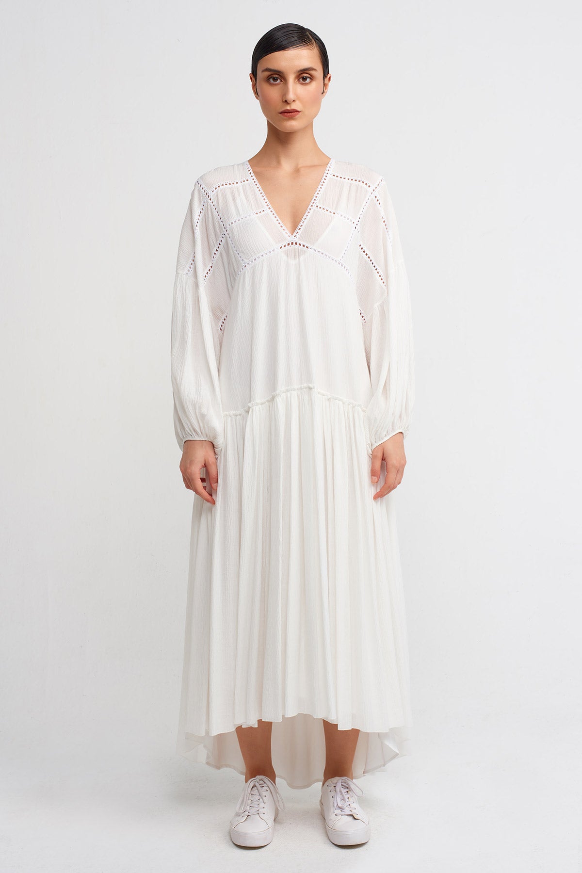 Off White V-neck Crinkled Fabric Long Dress-Y244014036