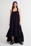 Black Strapless, Ruffled Crinkle Maxi Dress-Y234014126