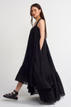 Black Strapless, Ruffled Crinkle Maxi Dress-Y234014126