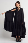 Black Cloak Sleeve Crinkle Maxi Dress-Y234014129