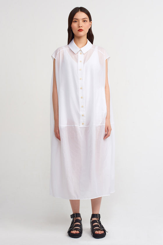 Off-White Black Shirt Collar Voile Midi Dress-Y234014165