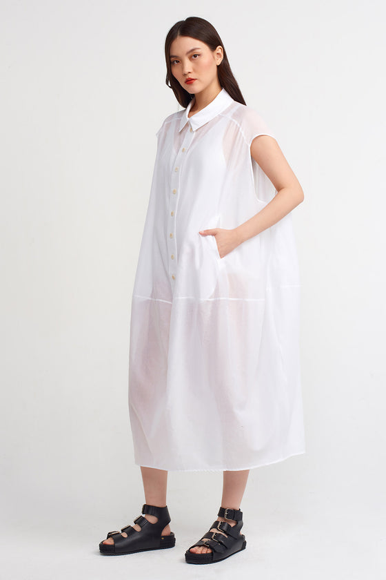 Off-White Black Shirt Collar Voile Midi Dress-Y234014165