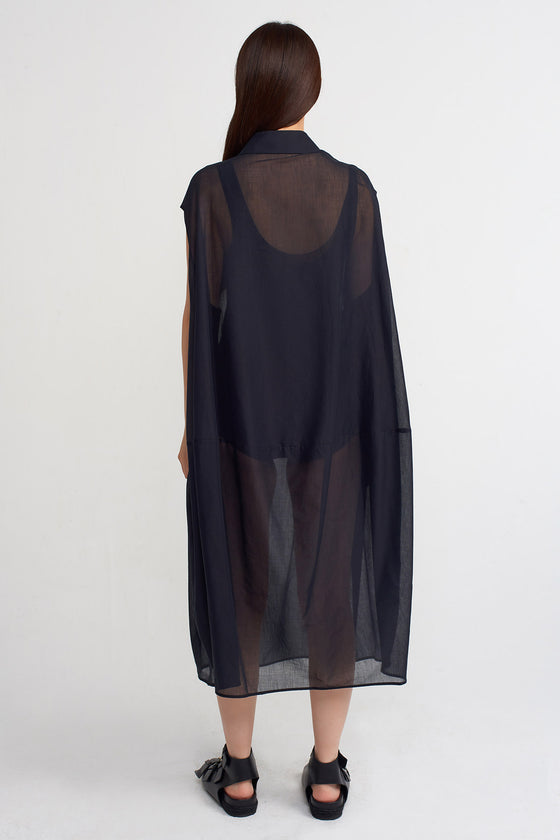 Black Black Shirt Collar Voile Midi Dress-Y234014165