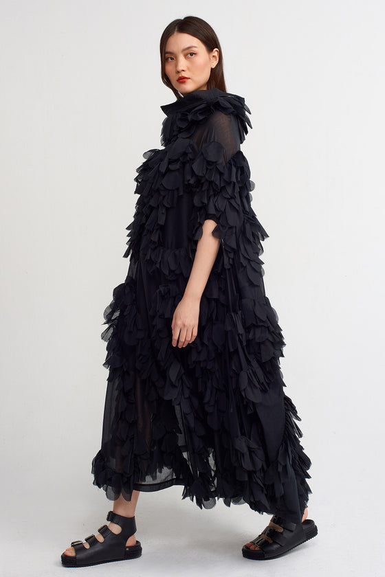 Black Frilly Voile Oversize Dress-Y234014168