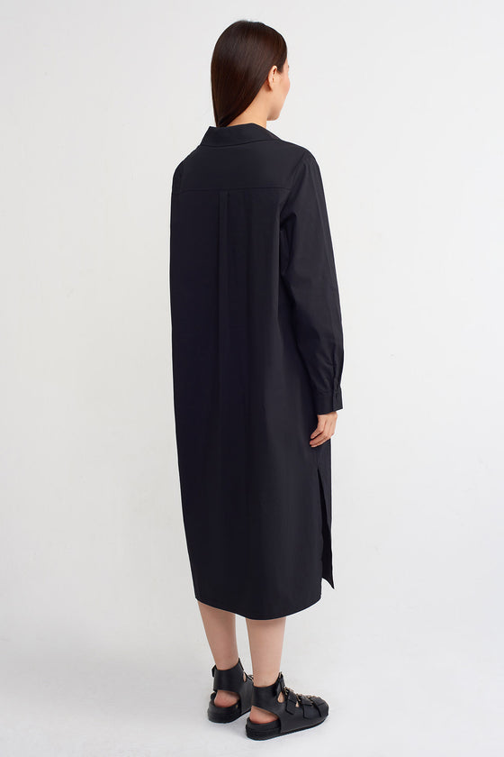 Black Shirt Collar, Midi Length Poplin Dress-Y234014169