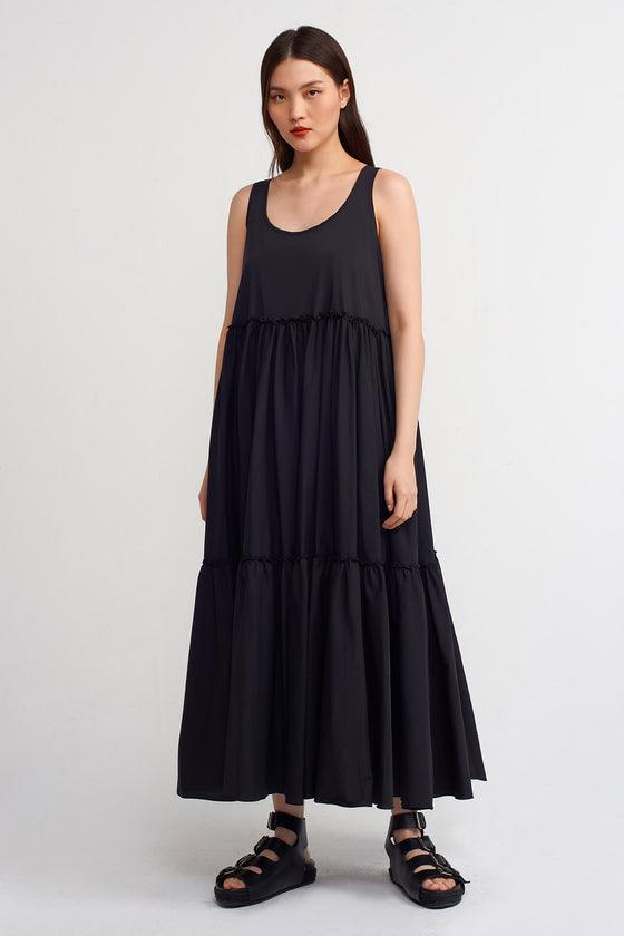 Black Pleated Poplin Maxi Length Dress-Y234014170