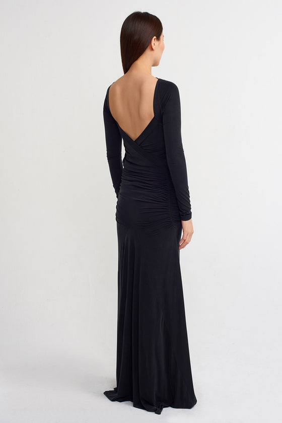 Black Backless Pleated Long Dress-Y234014179