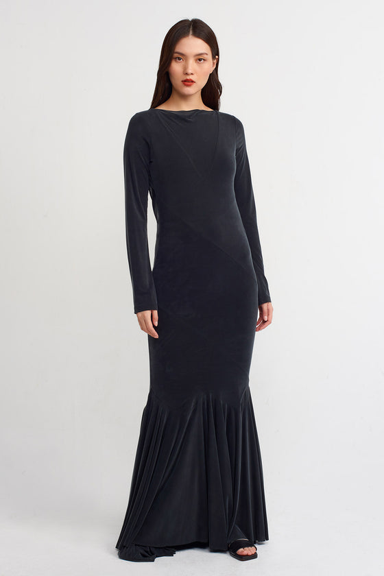 Black Long Sleeve Fish Skirt Dress-Y234014181