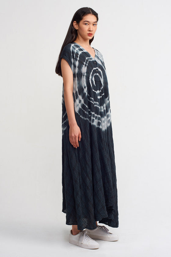 Black / White Tie Dye V Neck Midi Length Dress-Y234014182