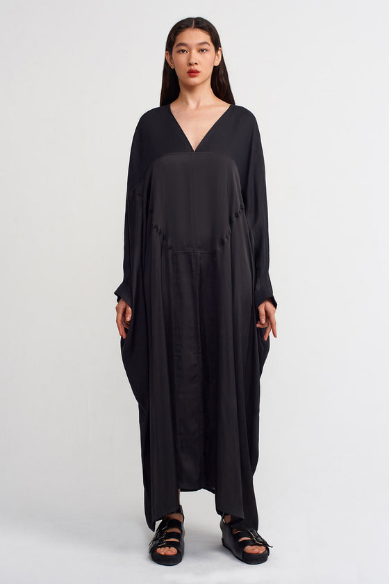 Black V-Neck, Linen and Satin Combination Dress-Y234014188