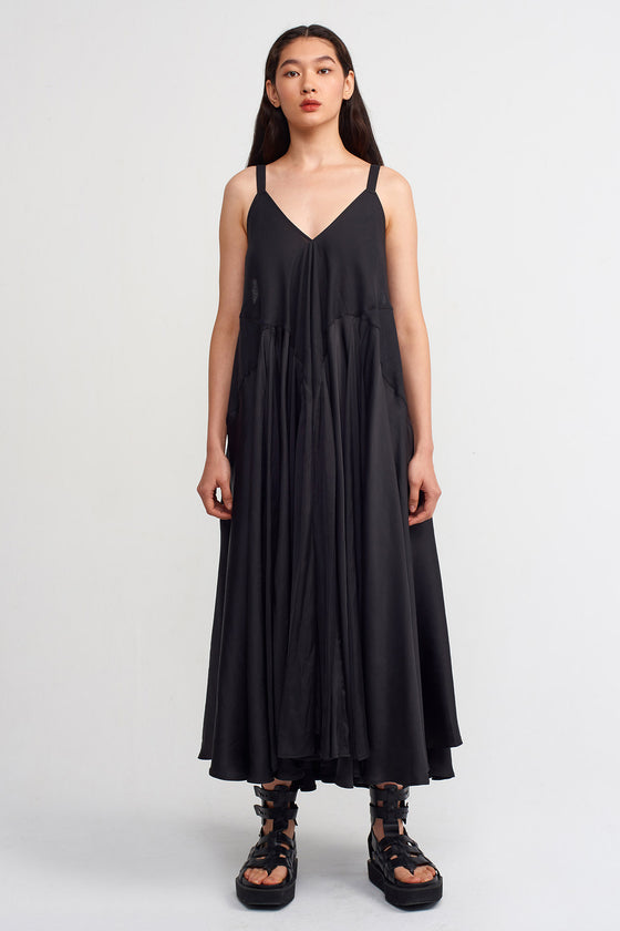 Black Thin Strap Linen and Satin Mix Dress-Y234014189
