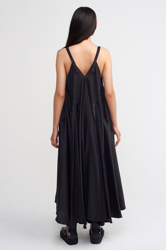 Black Thin Strap Linen and Satin Mix Dress-Y234014189
