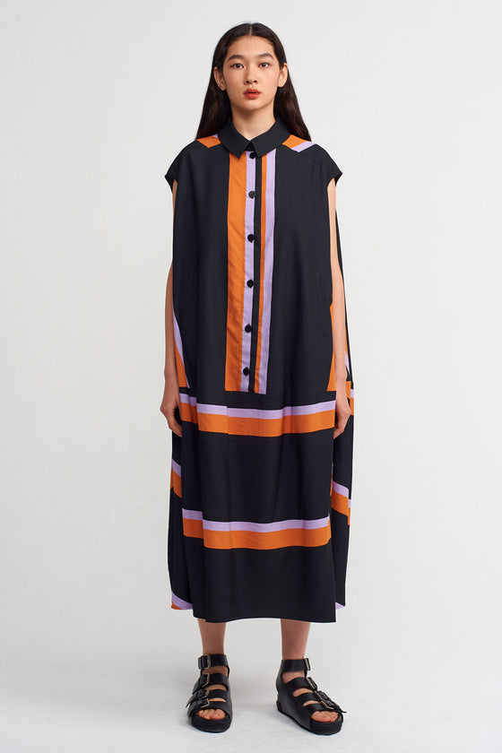 MultiColor Shirt Collar Stripe Printed Dress-Y234014195