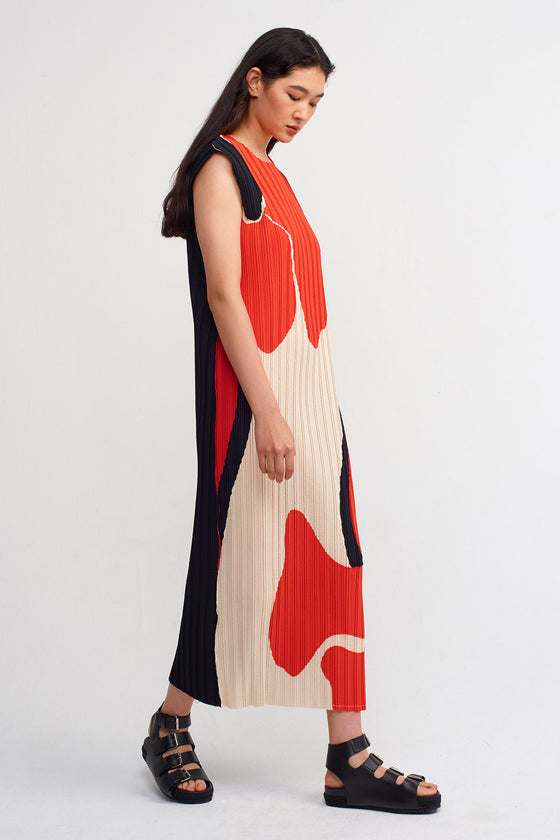 Multicolor Fabric Block Pleat Midi Length Dress-Y234014196