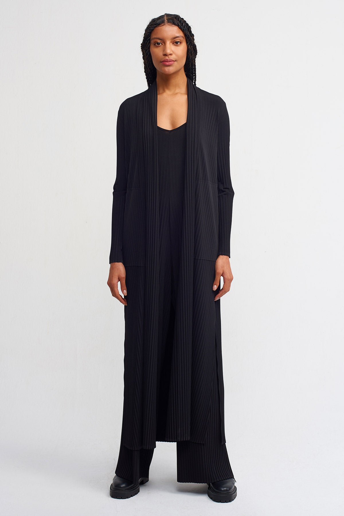 Black Long Pleated Cardigan with Slit Detail-K235015092