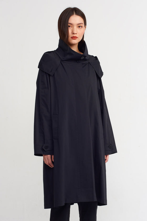 Black Hooded Long Poplin Jacket-Y235015119