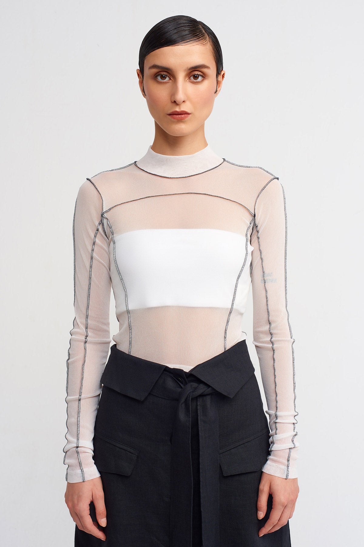 White / Black Contrast Stitched Mesh Bodysuit-Y241011010