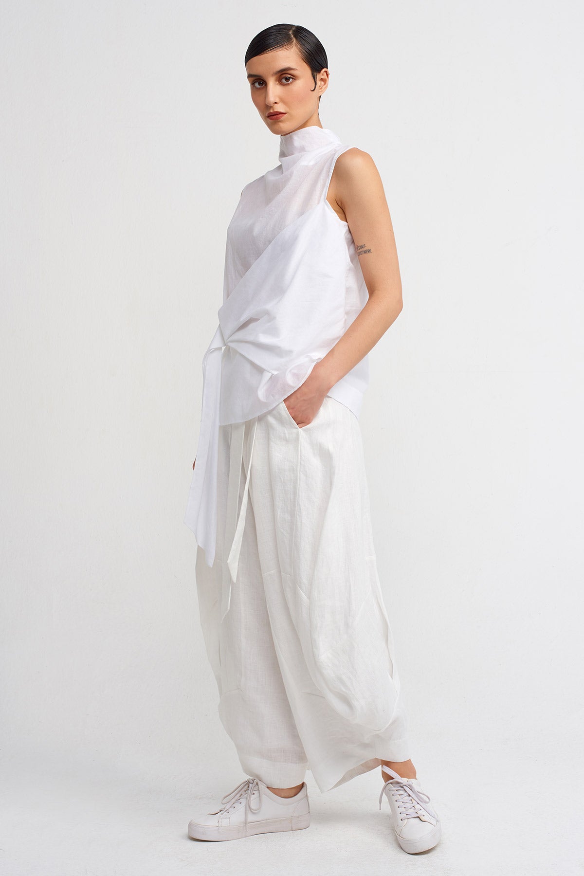 Off White Belted Voile Blouse-Y241011021