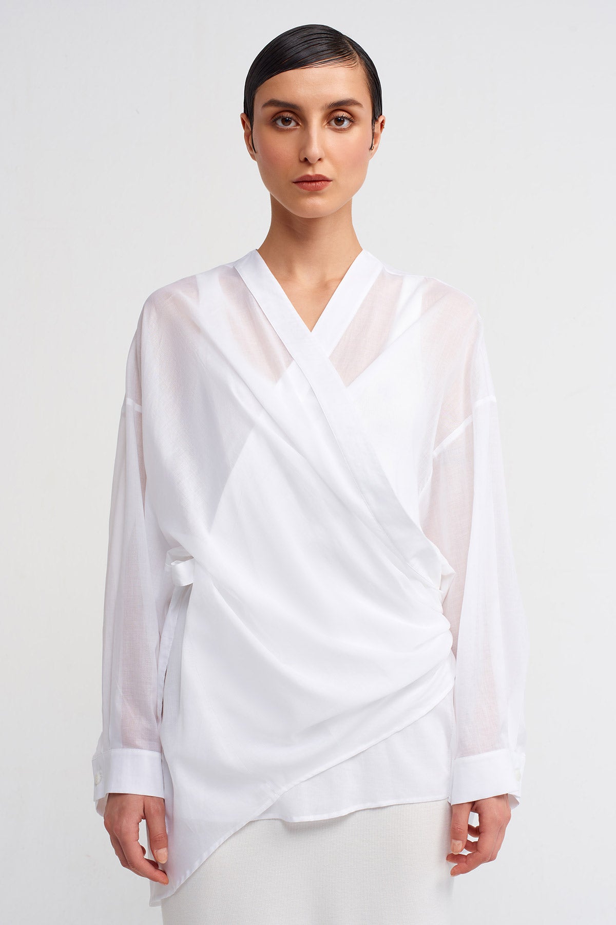 Off White Wrap Tie Voile Shirt-Y241011023