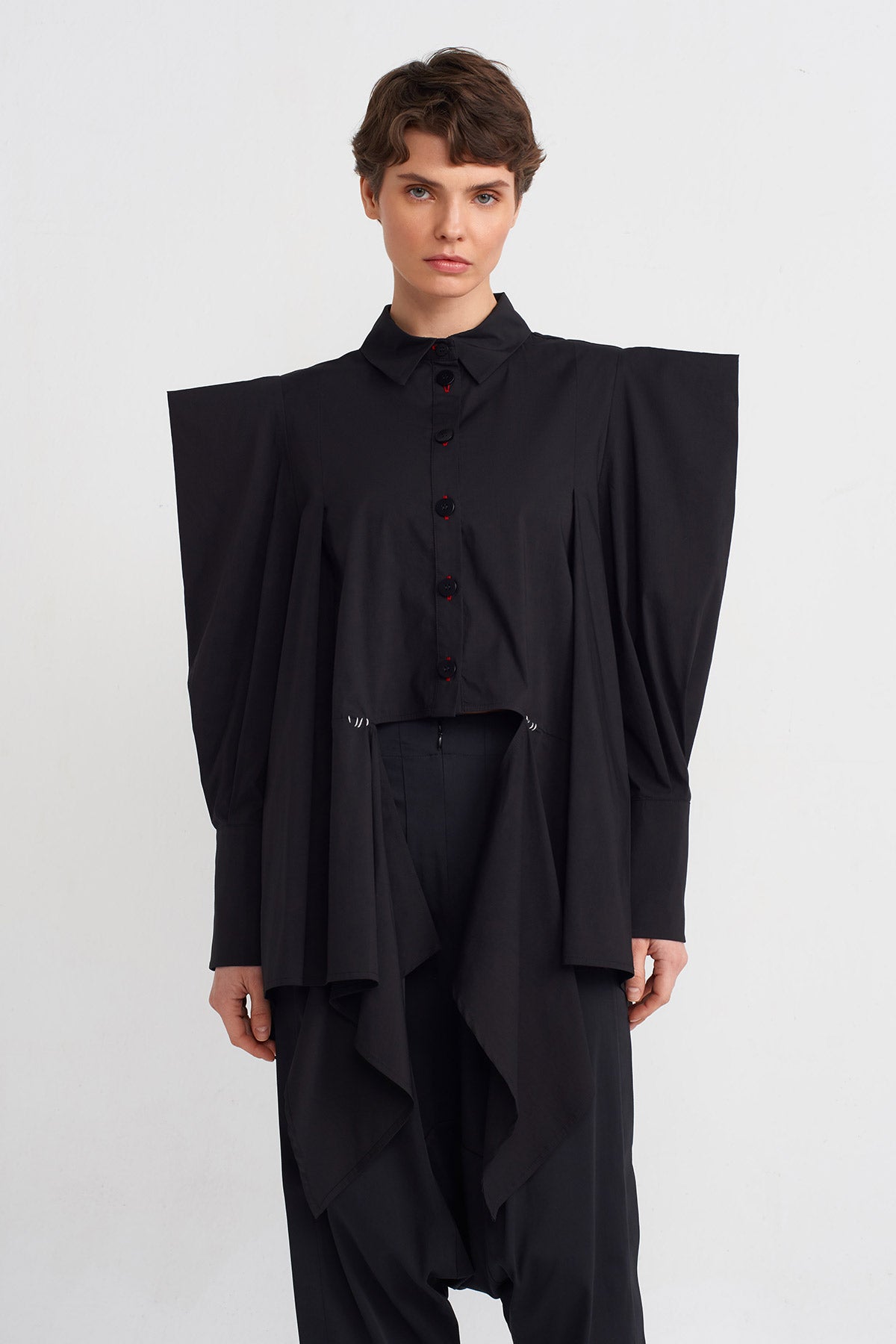 Black Square-Shoulder Asymmetric Shirt-Y241011034