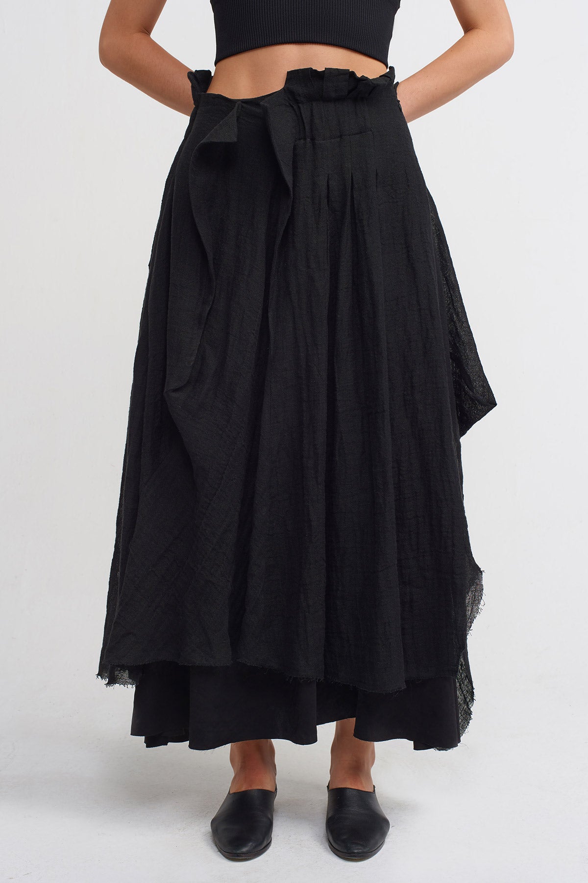 Black / Black Asymmetric Waist Linen Midi Skirt-Y242012001