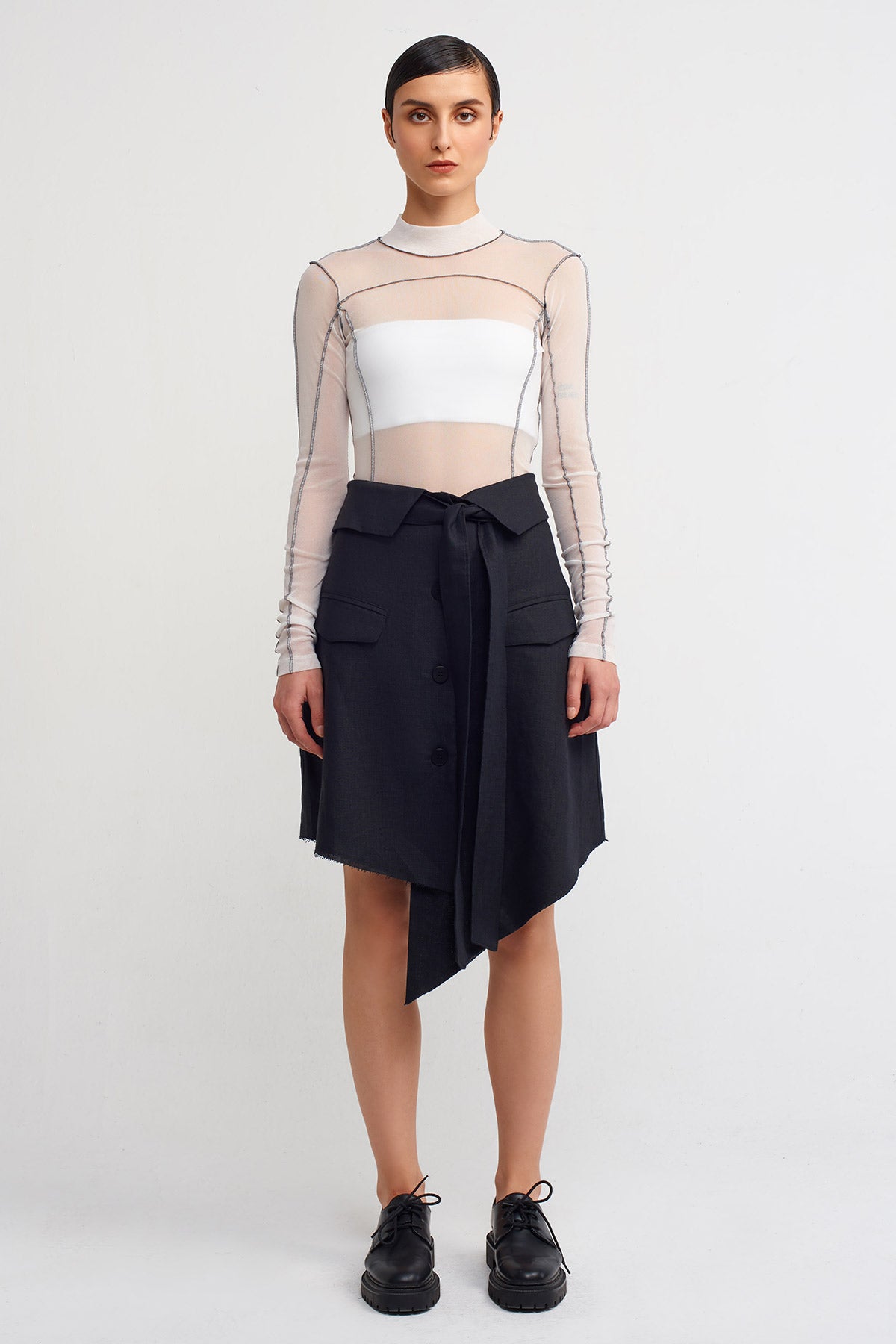Black Front-Tie Asymmetric Linen Skirt-Y242012002