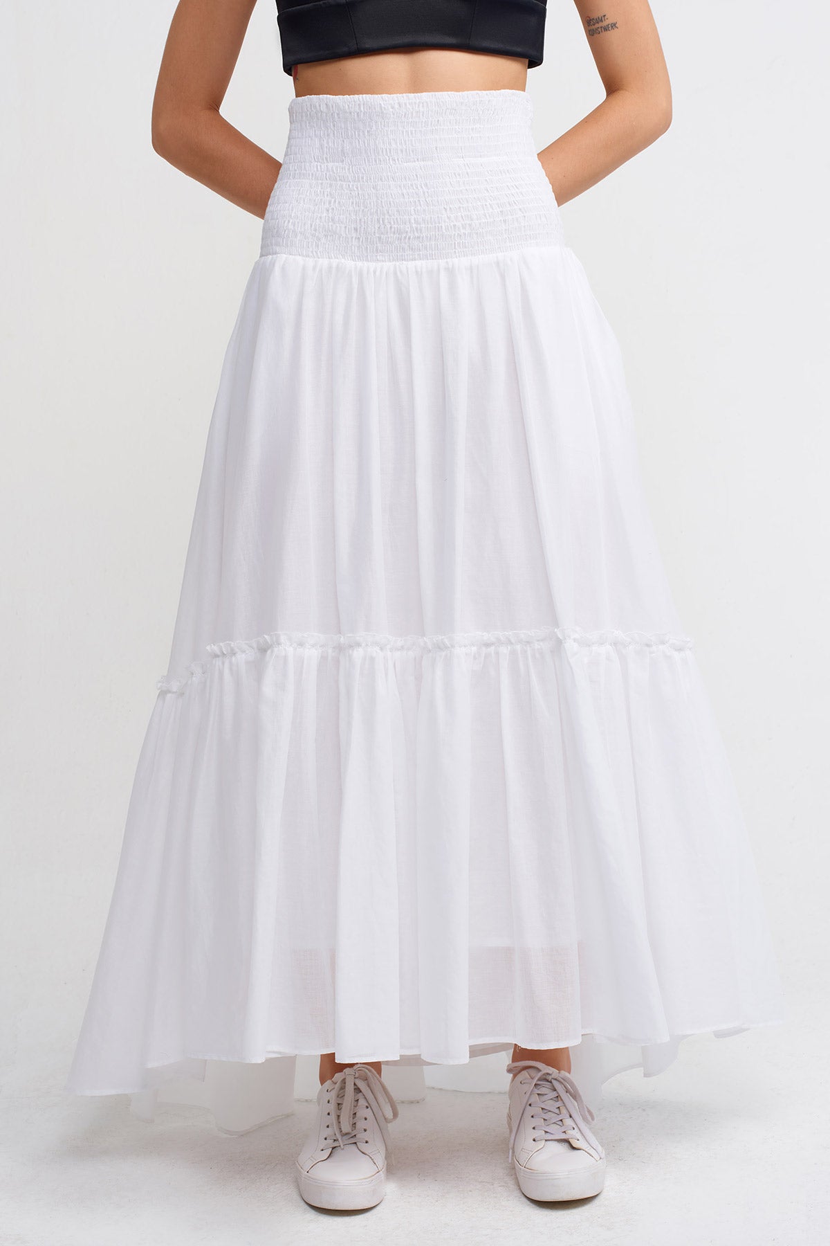 Off White Elasticated Waist Midi Length Voile Skirt-Y242012003