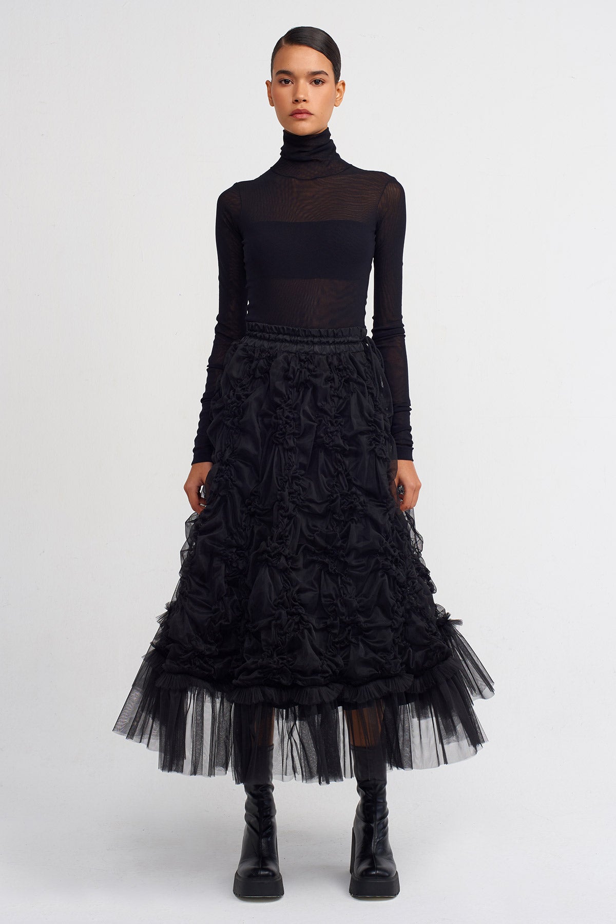 Black Midi Skirt with Mesh Embroidery Detail-Y242012007